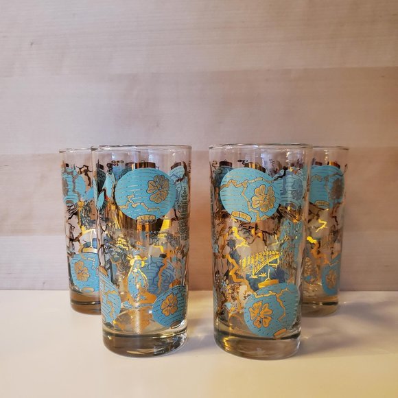 Set of 4 Vtg Dominion MCM Highball Tumbler Asian Turquoise Gold Drinking Glasses - Picture 9 of 15